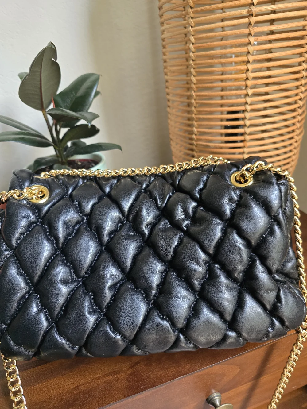 Aldo Black Quilted Crossbody with Gold Chain